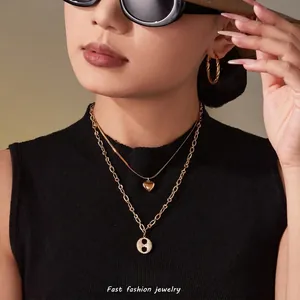 Collier Double Rang En Acier Inoxydable Zircon Cœur Et Pendentif Évidé Ovale Bijoux De Mode Pour Femmes Chic Élégant