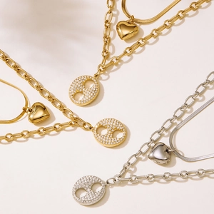 Collier double couche en acier inoxydable avec pendentif cœur et zircon or et argent