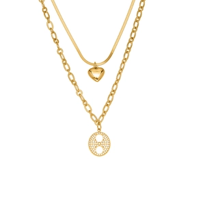 Collier double rang en acier inoxydable plaqué or 18k avec cœur et zircon pavé brillant