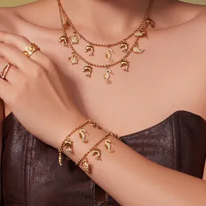 Ocean Theme Marine Sea Creature Jewelry Set Stainless Steel Zircon Seahorse Dolphin Turtle Whale Gold Plated For Women