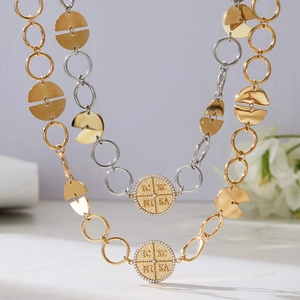 18k gold plated stainless steel coin necklace set with engraved cross symbols and crystals