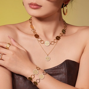 18k gold plated stainless steel jewelry set with circular pendants and zircon stones
