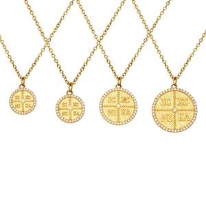 Brushed gold coin pendant necklaces with Greek cross engravings and crystal halo details