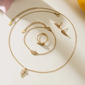 Gold stainless steel angel wing jewelry set with necklace bracelet ring and earrings
