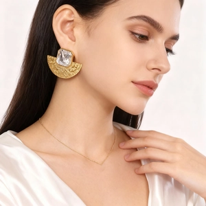 Ensemble de Bijoux Vintage en Acier Inoxydable en Forme d'Éventail pour Femmes Boucles d'Oreilles Statement en Pierre de Verre Collier Pendentif