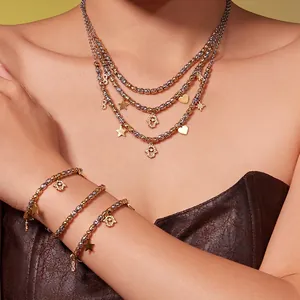 Bijoux En Acier Inoxydable Zircon Collier Et Bracelet Dual Tone Main De Hamsa Coeur Étoile Pendentif Français Luxe Femmes