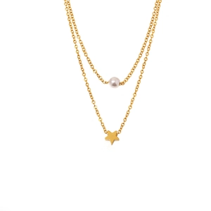 Collar de doble capa chapado en oro de 18K con colgante de estrella y perla blanca fina
