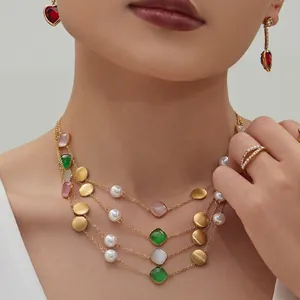 Stainless Steel Necklace With Cat's Eye Stones Imitation Artificial Pearls Round Disc Adjustable Fashion Jewelry For Women Chic