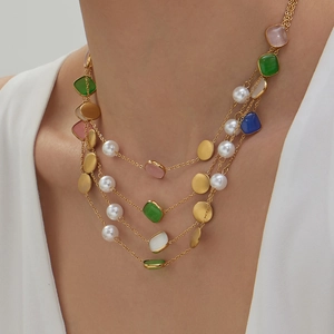 Four-layer 18k gold plated stainless steel necklace with cat eye stones and pearls