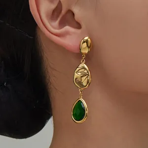 Water Drop Dangle Earrings Stainless Steel 18K Gold Plated Faceted Glass Stone Vintage Fashion Accessory For Women