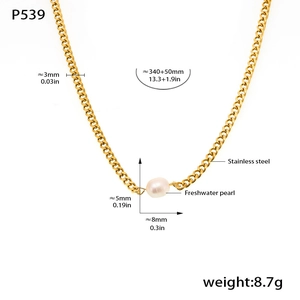 Detail view of gold stainless steel chain with dimensions and freshwater pearl size