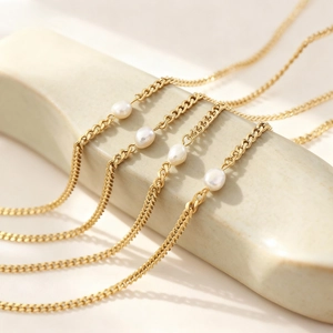 Minimalist 18K gold plated stainless steel chunky chain necklace with white oval pearls