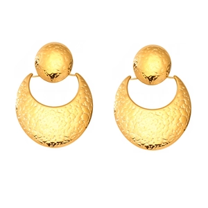 Hammered gold crescent moon earrings with sphere stud and stainless steel texture