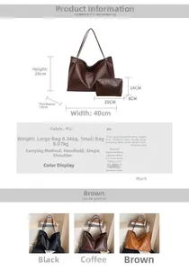 Detailed size chart for PU leather tote bag set showing dimensions for large and small pouches