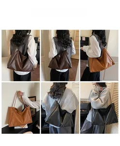 Multiple views of minimalist oversized tote bags in dark brown, caramel, and black faux leather