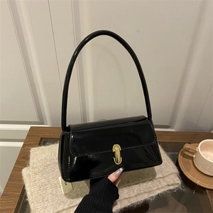 Sac Baguette Femme Cuir PU Verni Brillant Style Français Sac Porté Épaule Sous Le Bras Serrure Métal Or Rétro