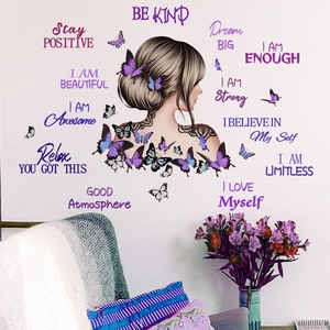 Girl with butterflies wall sticker featuring inspirational English quotes for room decor