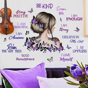 Girl back view wall decal with butterflies and inspirational quotes for bedroom decor