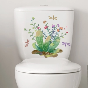Floral and butterfly self-adhesive toilet seat stickers with green plants and dragonflies