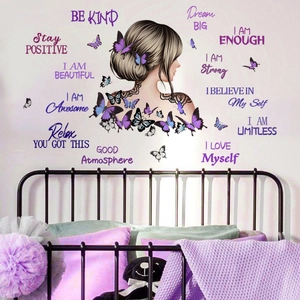 Purple Butterfly Girl Silhouette Wall Stickers PVC Self Adhesive Inspirational Quotes Bedroom Living Room Decor Artistic