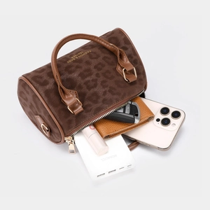 Brown leopard print Boston bag with large capacity for daily essentials and phone
