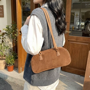Retro brown suede shoulder bag for women with minimalist rectangular vintage design