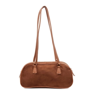 Minimalist vintage brown suede baguette shoulder bag with slim leather dual handles