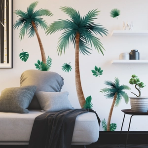 Watercolor Tropical Palm Tree Wall Stickers Green Plants PVC Self-Adhesive Removable Decals Living Room Bedroom Home Decor