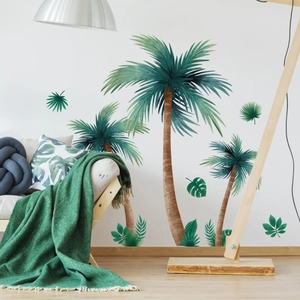 Tropical palm trees and green leaves wall stickers for a cozy living room wall decor