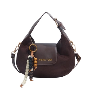 Retro dark brown crescent handbag with suede patchwork and adjustable shoulder strap