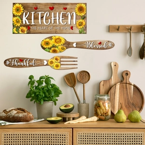 Three-piece sunflower kitchen wall decor set with heart and home blessing quotes