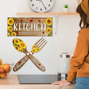 Sunflower kitchen wall decals with Kitchen The Heart of The Home text on white wall