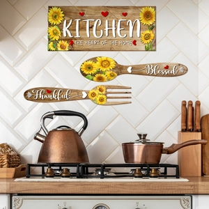 Three-piece sunflower kitchen wall decor set with spoon and fork signs on tile