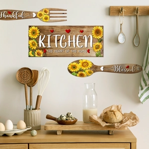 Three-piece sunflower wooden kitchen wall decor set with Kitchen sign fork and spoon