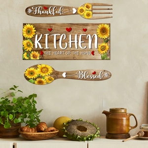 Three-piece rustic kitchen wall decor featuring sunflowers with Thankful and Blessed wood signs