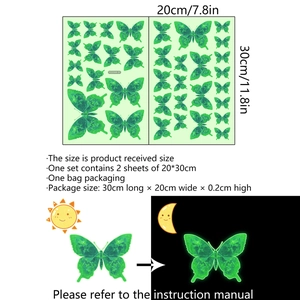 Luminous butterfly wall stickers set with 2 sheets and day-night visual effects detail