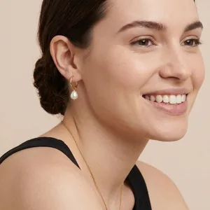 Stainless Steel Hoop Drop Earrings With Freshwater Pearl 18K Gold Plated Ins Style Elegant Minimalist Luxury For Women