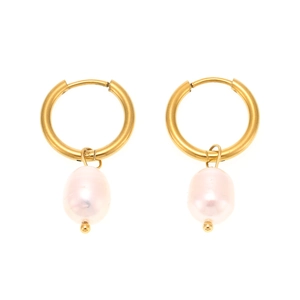 Minimalist 18k gold plated stainless steel hoops with purple freshwater pearl pendants