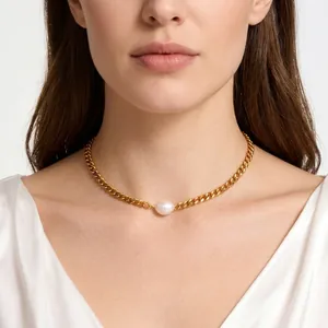 Minimalist Stainless Steel 18K Gold Plated Thick Chain Necklace With Freshwater Pearl And Natural Stone For Women