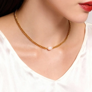 Elegant 18K gold plated thick chain necklace with a single white pearl on a model