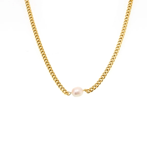 Minimalist 18K gold plated thick chain necklace with a single freshwater pearl pendant