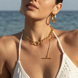 Stainless Steel Long Necklace Sweater Chain 18K Gold Plated Splicing Snake O Chain OT Toggle Clasp Fashion Women Jewelry