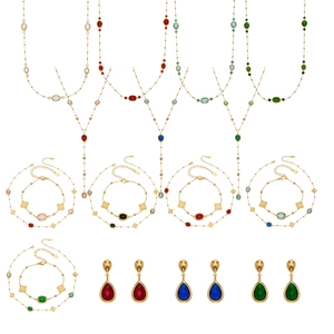 Conjunto de joyas de acero dorado con tréboles y piedras preciosas de colores