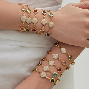Luxury Stainless Steel Colorful Zircon Bracelet Round Glass Stone Earrings Set Exquisite Fashion Jewelry For Women
