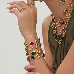 18k gold plated stainless steel jewelry set with colorful stones and link chain design