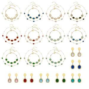 18k gold plated stainless steel jewelry set featuring oval colorful glass stone inlays