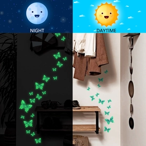 Luminous butterfly wall stickers shown in daytime and glowing green night view effects