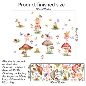 Detailed size guide for fairy and forest mushroom wall decals with application dimensions