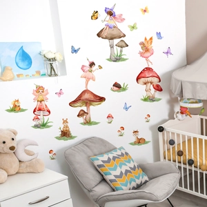 Detail of watercolor forest fairy wall stickers with mushrooms and cute animals in a nursery