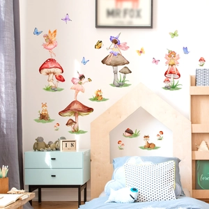 Cartoon mushroom fairy and forest animals wall stickers for children's room decoration